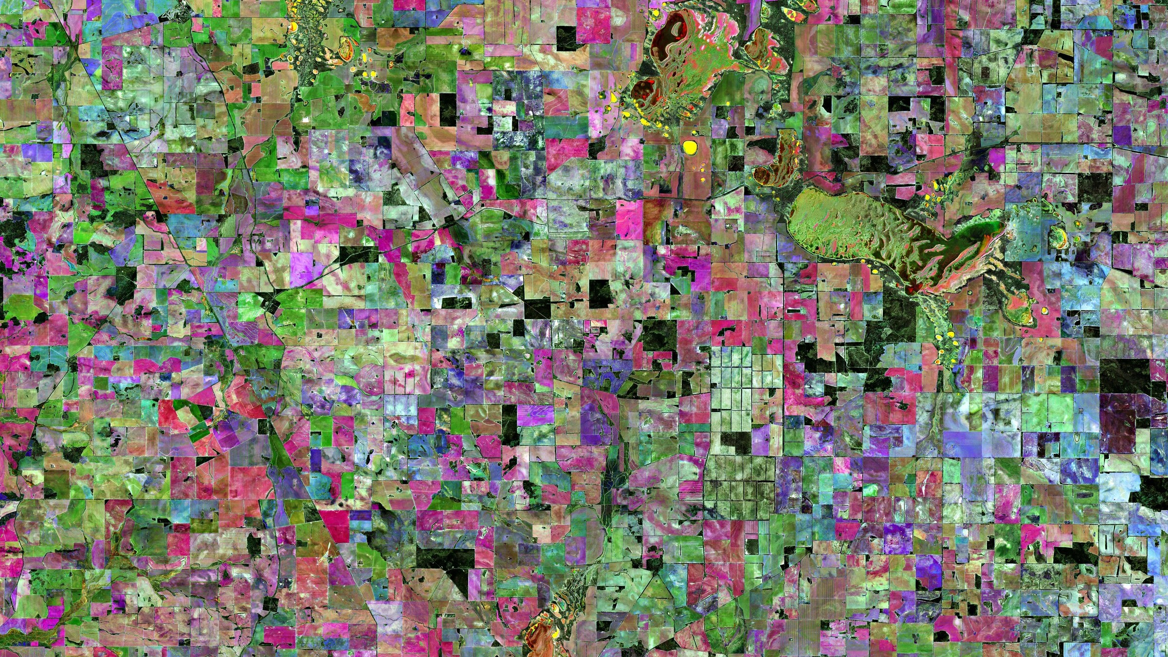 Copernicus Sentinel-2 satellite composite of Western Australia's Wheatbelt, showing patchwork agricultural fields in false colour. European Space Agency.